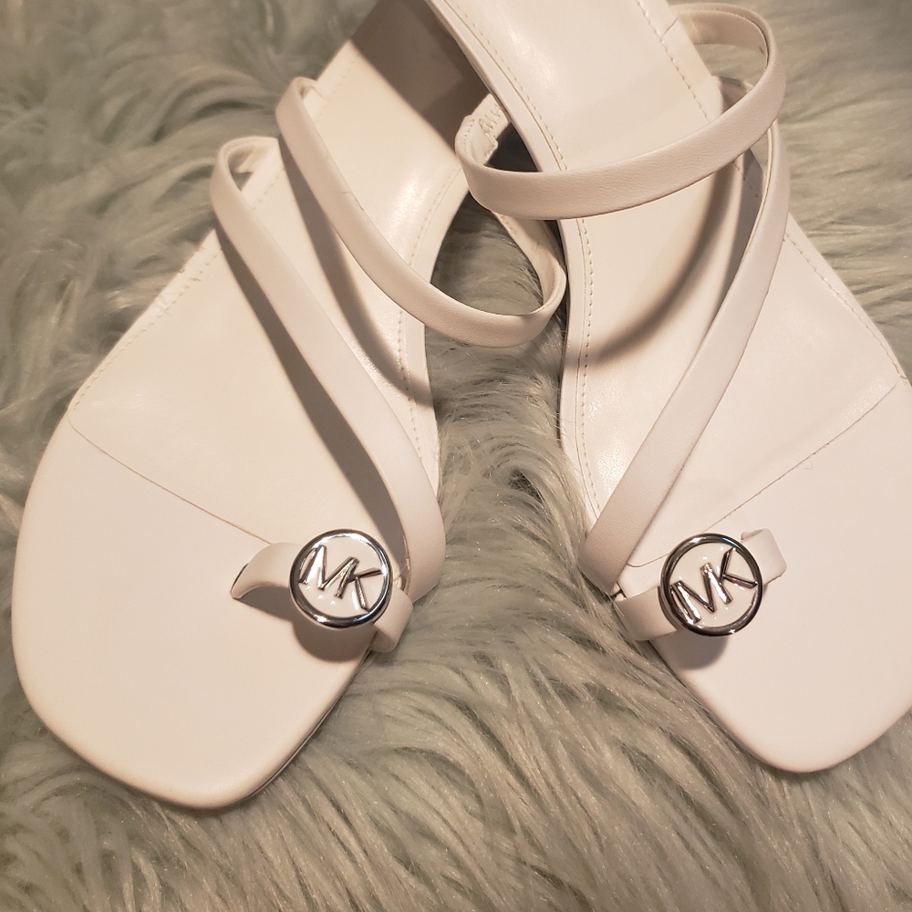MK kitty heel white sandals.